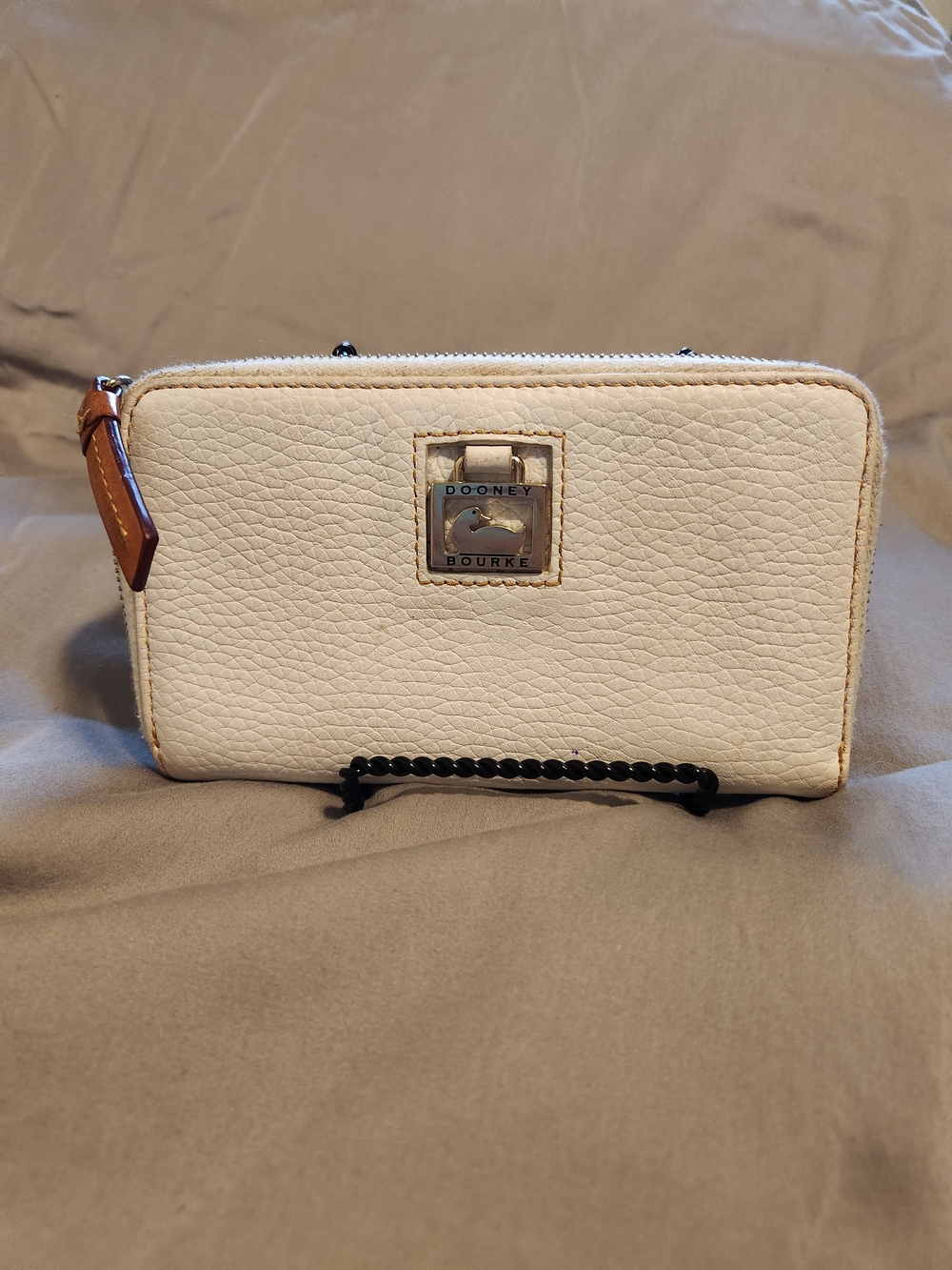 Project Dooney & Bourke Cream Pebbled Leather Zip-Around Wallet with Tan Pull